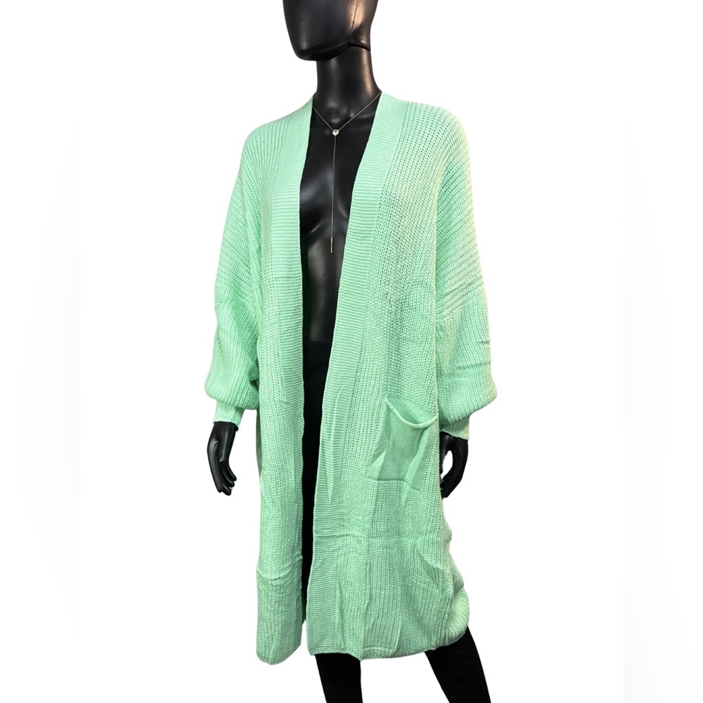 Open-Front Mint Green Longline Knit Cardigan